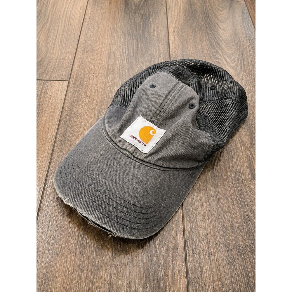Carhartt Canvas Mesh Back Trucker Hat Gray Black Distressed Snapback Workwear OS